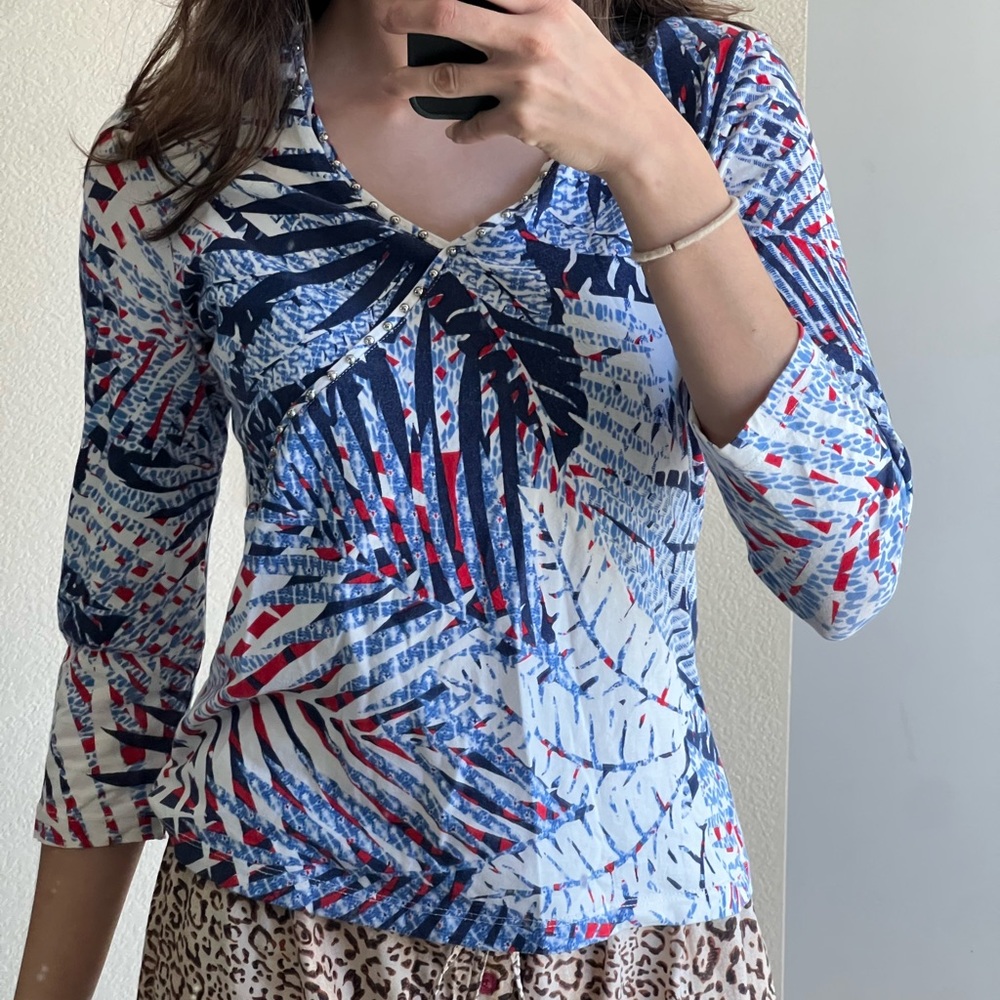 LARA Women's Blue and Red Patterned Long Sleeve Top